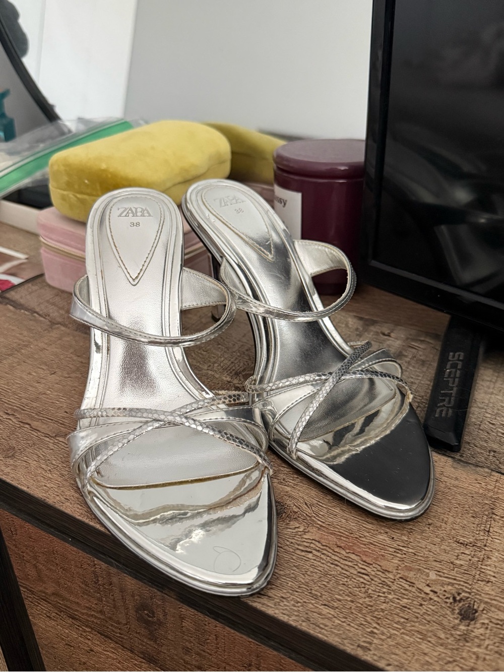 Zara Metallic Silver Strappy Heeled Sandals